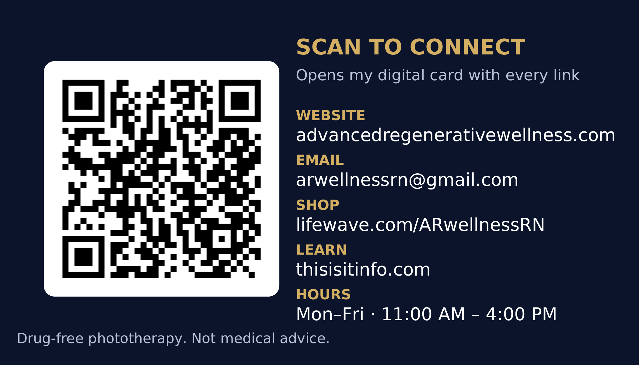 Back of the business card with QR code and contact details